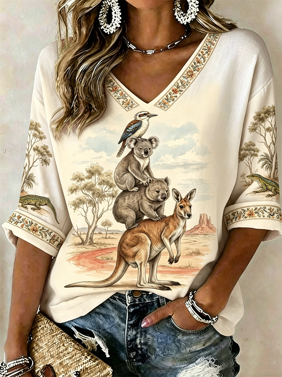 Women's Australian Koala kangaroo Print Mid-length Sleeves V-Neck T-Shirt