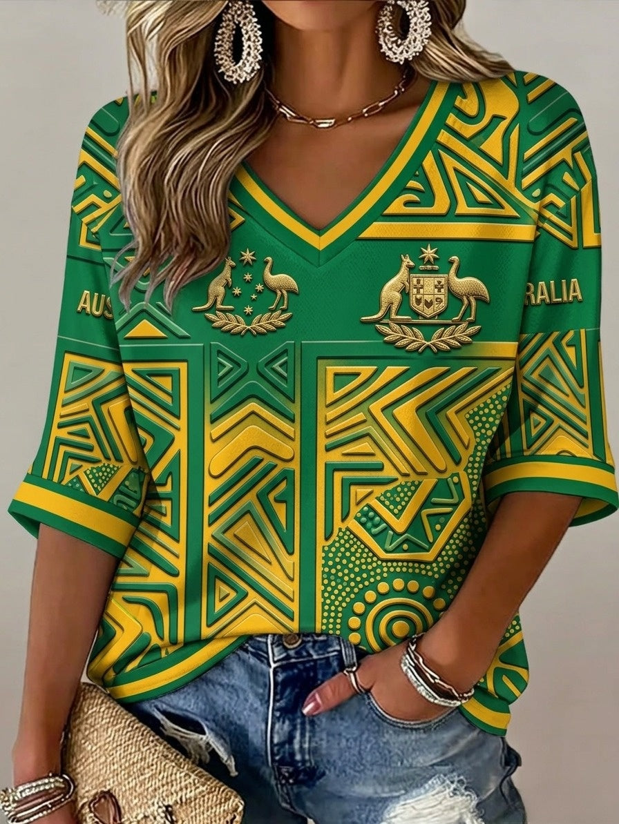 Women's Australia Football Lover Art Printed V-Neck T-Shirt