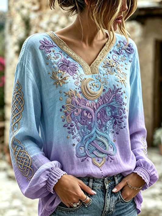 Women's retro Viking Norse mythology pattern printed casual linen shirt