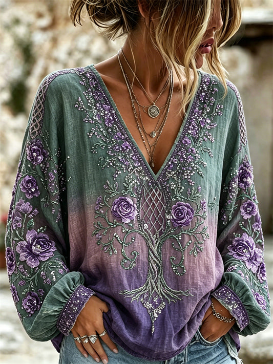 Women's Classy Roses Floral Viking Tree of Life Celtic Print Gradient Cotton-Linen Shirt