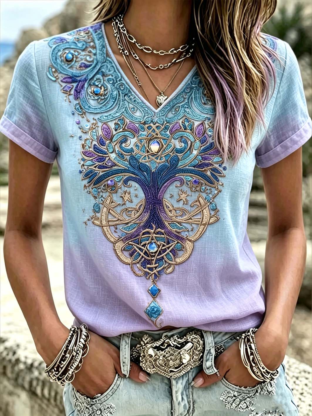 Women's retro Viking Norse mythology pattern printed linen short-sleeved T-shirt