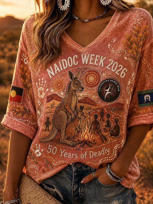 Women's Australia Naidoc Week Pattern Linen V-Neck Shirt