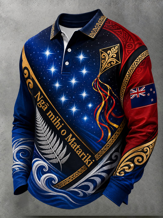 Men's New Year Maori Cultural Commemorative Art Print Long-Sleeve Polo