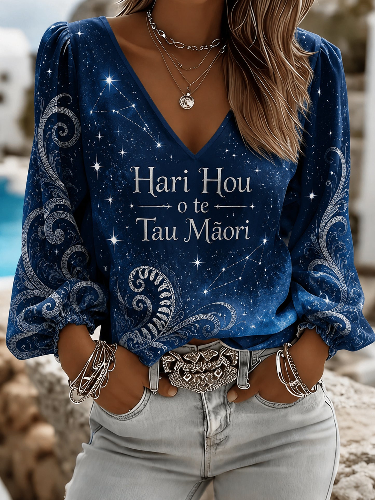 Women's New Year Maori Cultural Commemorative Art Print Long-Sleeved V-Neck Top