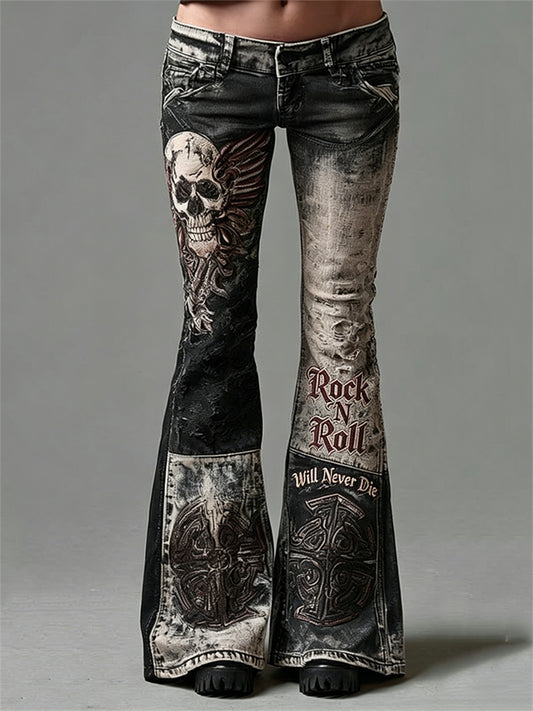 Women's Rock N Roll Will Never Die Skull with Wings Art Print Flared Trousers