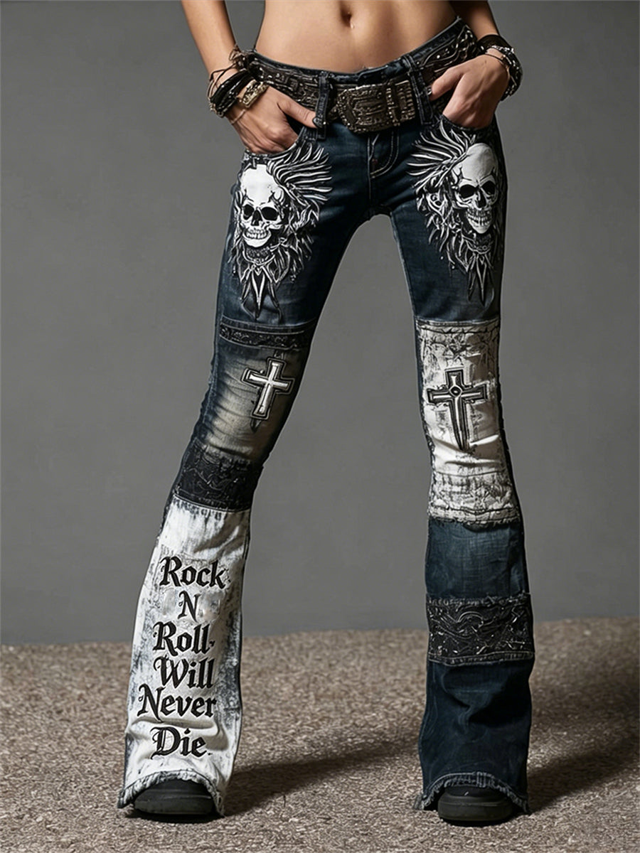 Women's Rock N Roll Will Never Die Skull Colorblock Art Print Flare Jeans