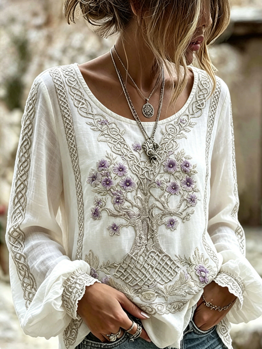 Women's Classy Viking Floral Tree Of Life Celtic Print Cotton-Linen Shirt