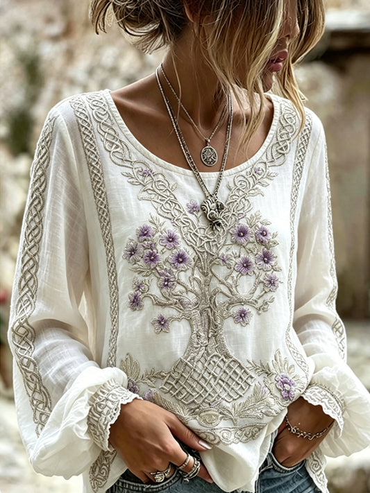 Women's Classy Viking Floral Tree Of Life Celtic Print Cotton-Linen Shirt