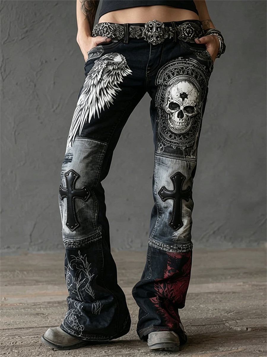Women's Rock Style Skull & Wings Cross Colorblock Art Print Flared Jeans