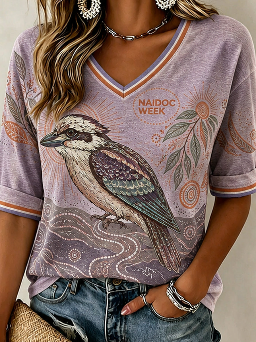 Women'sAustralia Naidoc Week Pattern Linen V-Neck Shirt