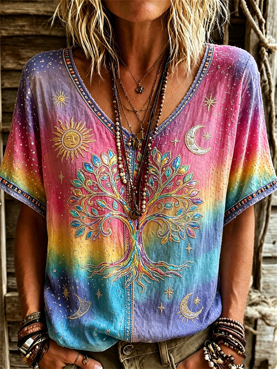 Women's Viking Tree of Life Hippie Art Print Gradient Color linen short-sleeved T-shirt