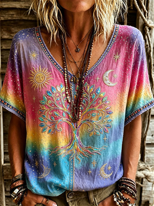 Women's Viking Tree of Life Hippie Art Print Gradient Color linen short-sleeved T-shirt