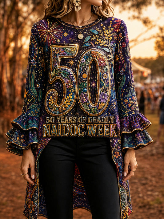 Women's Australia Naidoc Week Art Flower Printed Ruffle Sleeve T-shirt
