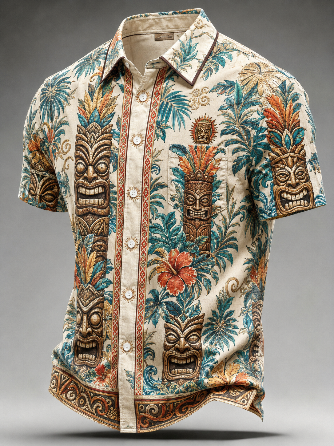 Men's Tiki Totem Ice Cream Cotton Summer Casual Beach Shirt Short Sleeve