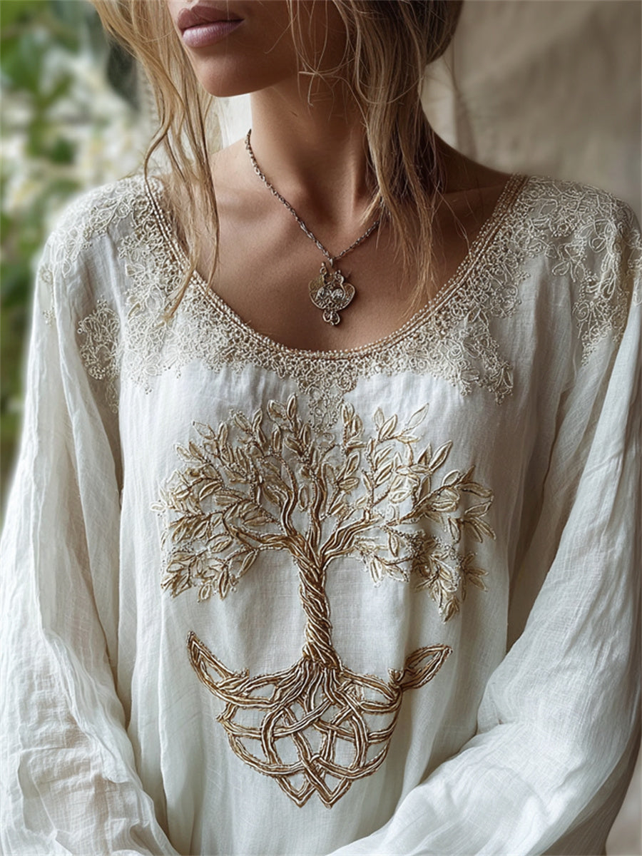 Women's Classy Vintage Viking Tree of Life Print Cotton-Linen Shirt
