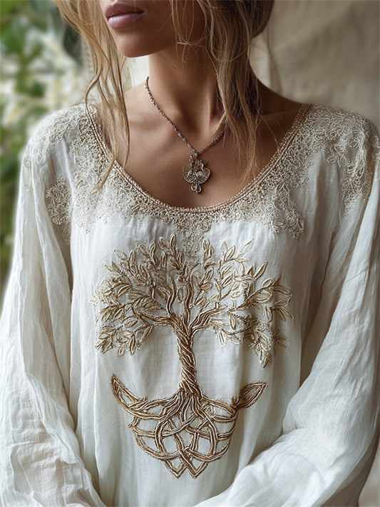 Women's Classy Vintage Viking Tree of Life Print Cotton-Linen Shirt
