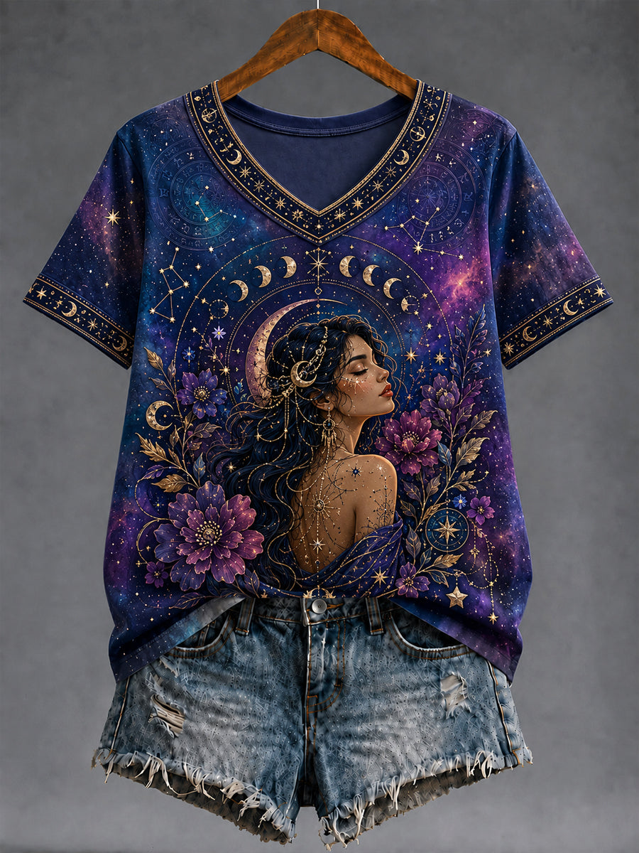 Women's Retro Zodiac Starry Sky Classic Casual V-Neck T-Shirt