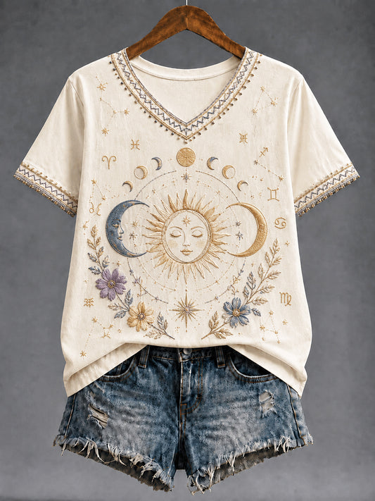 Women's Retro Zodiac Classic Casual V-Neck T-Shirt