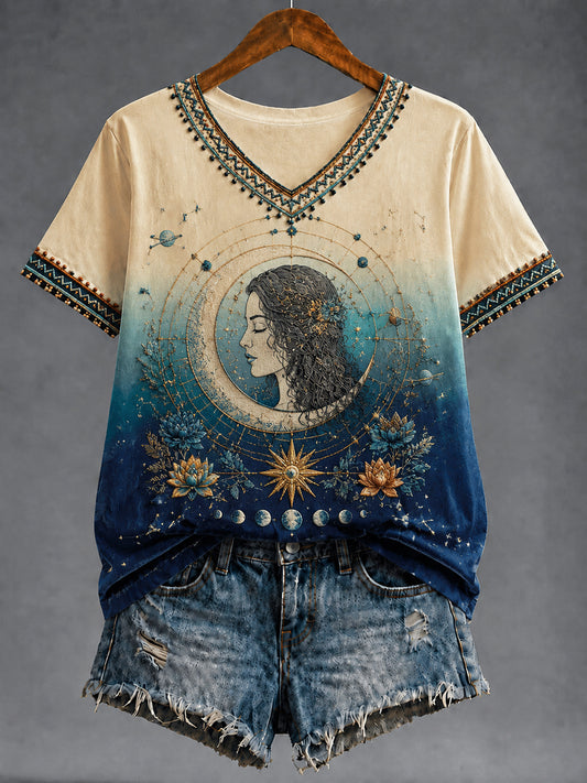 Women's Retro Zodiac Art Gradient Casual V-Neck T-Shirt