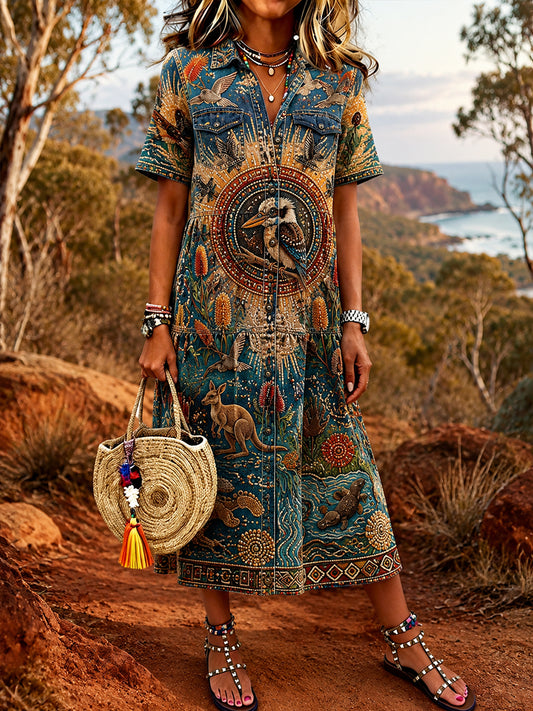 Women's Vintage Australian Ethnic Art Print Casual Dress