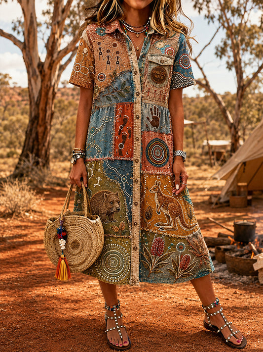 Women's Vintage Australian Ethnic Art Print Casual Dress