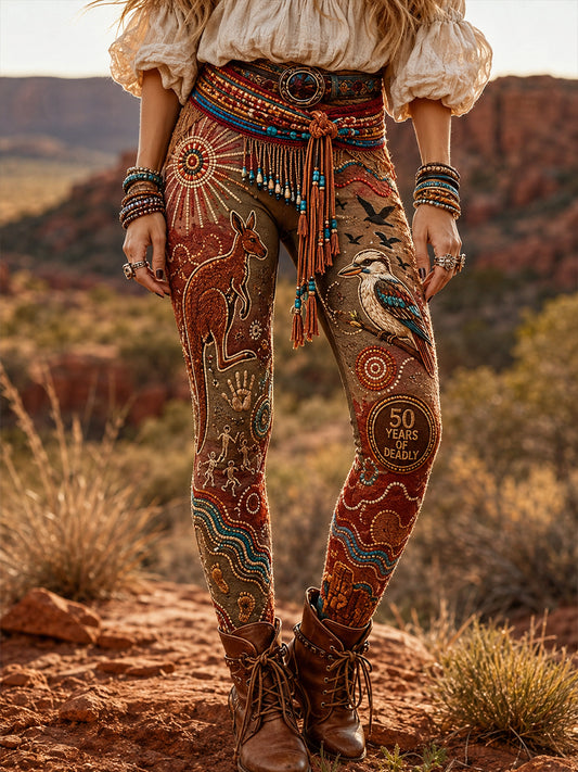 Retro Australian-Inspired Ethnic Art Print Casual Leggings