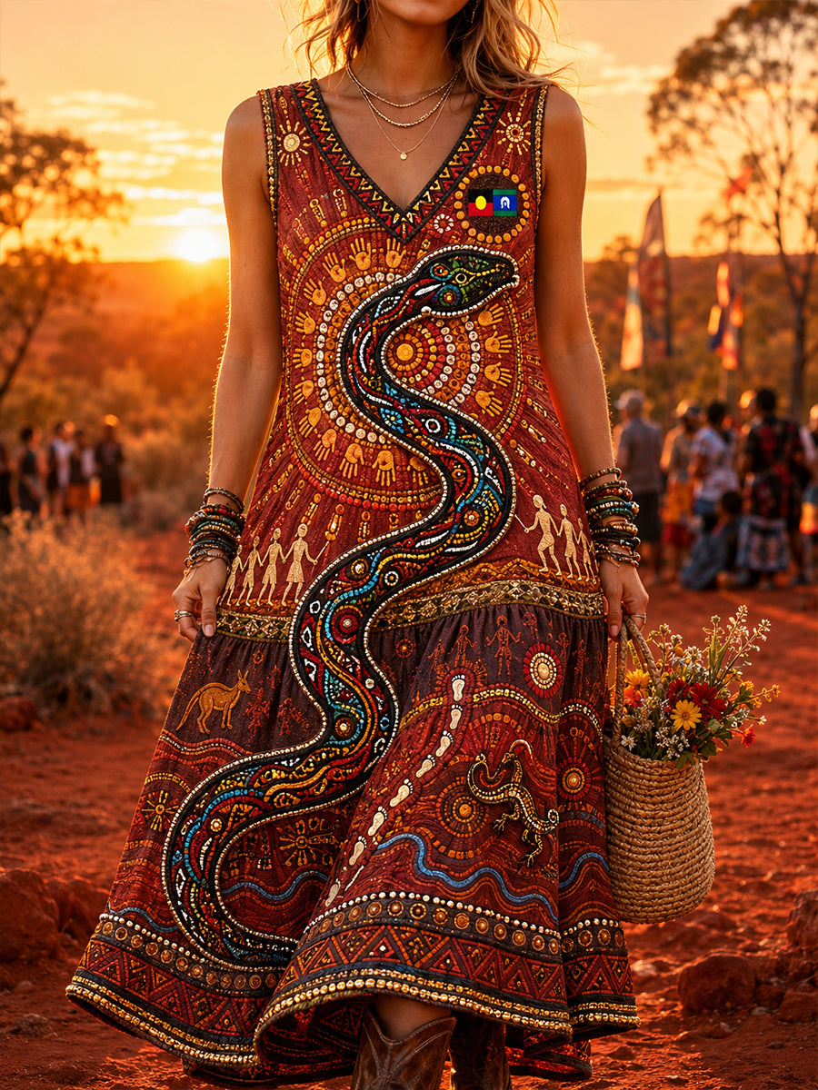 Women's Australian NAIDOC Week  Vintage Short Sleeve V-Neck Dress