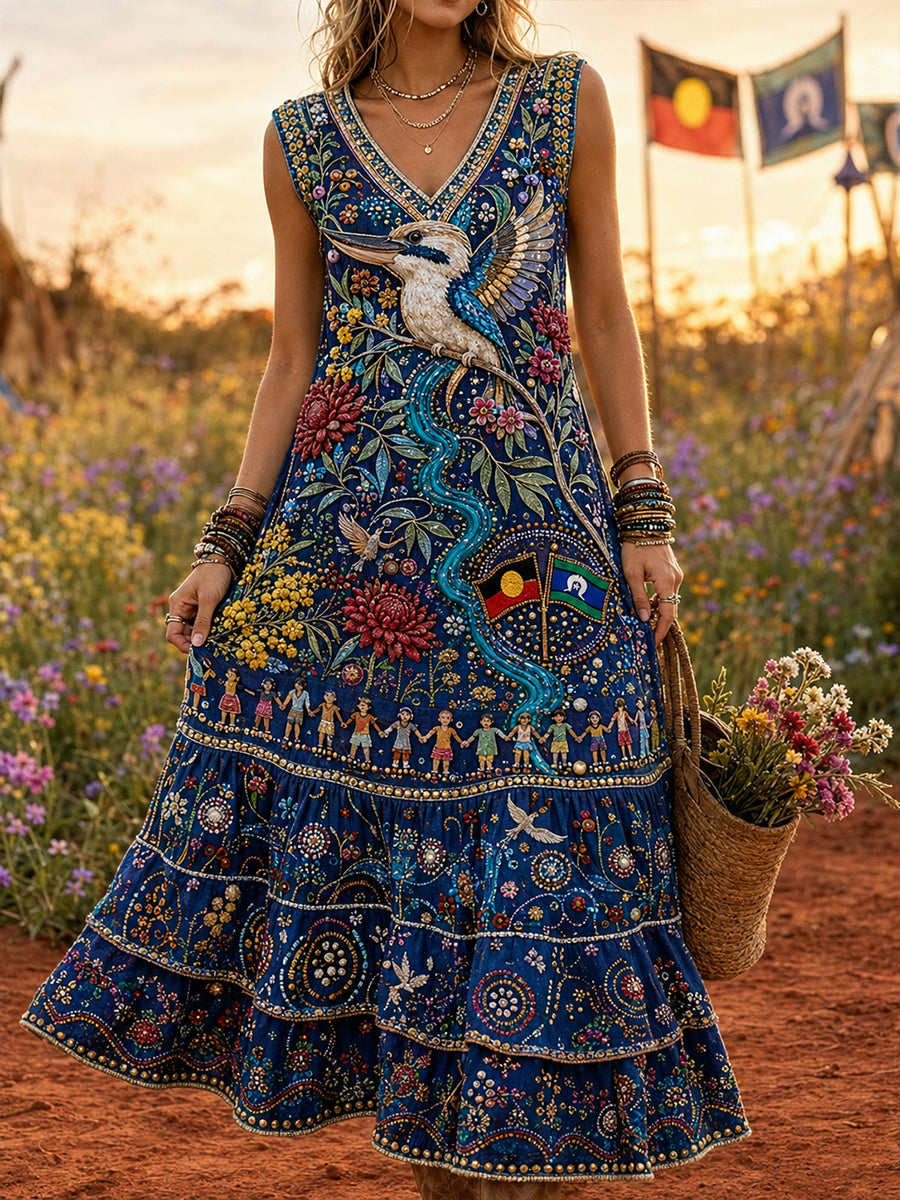 Women's Australian NAIDOC Week  Vintage Short Sleeve V-Neck Dress