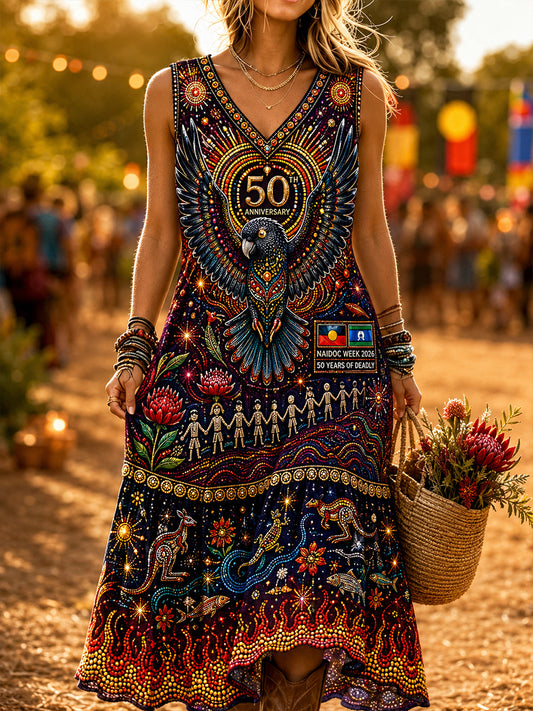 Women's Australian NAIDOC Week  Vintage Short Sleeve V-Neck Dress