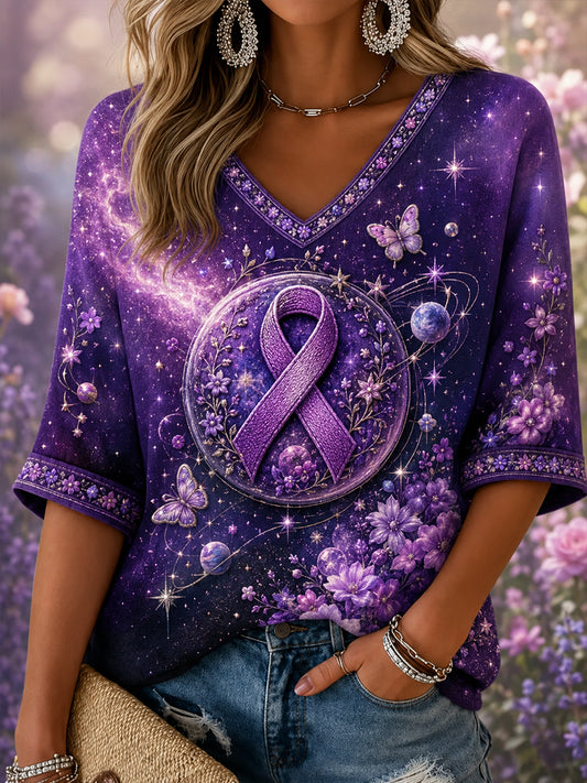 Women's Alzheimer's Disease Awareness Pattern Linen V-Neck Shirt