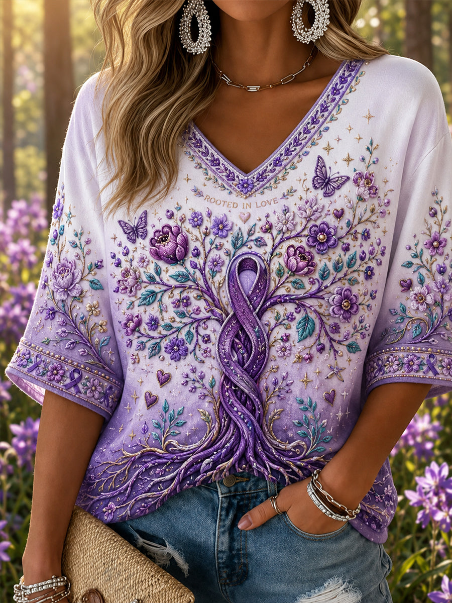 Women's Alzheimer's Disease Awareness Pattern Linen V-Neck Shirt