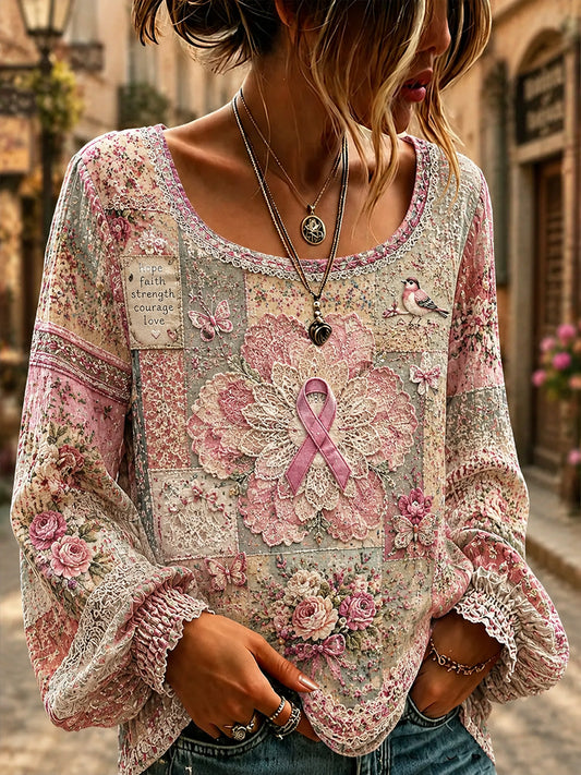 Women's Breast Cancer Awareness Cotton-Linen Shirt