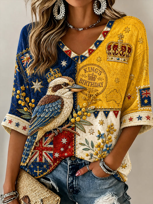 Women's King's Birthday Australia Pattern Linen V-Neck Shirt
