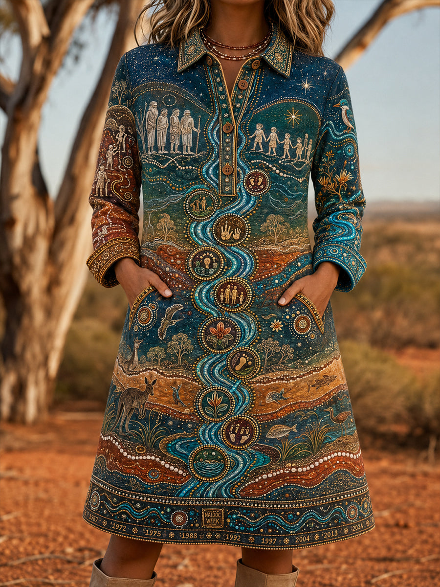 Women's Australia Naidoc Week  Vintage Lapel Pocket Dress