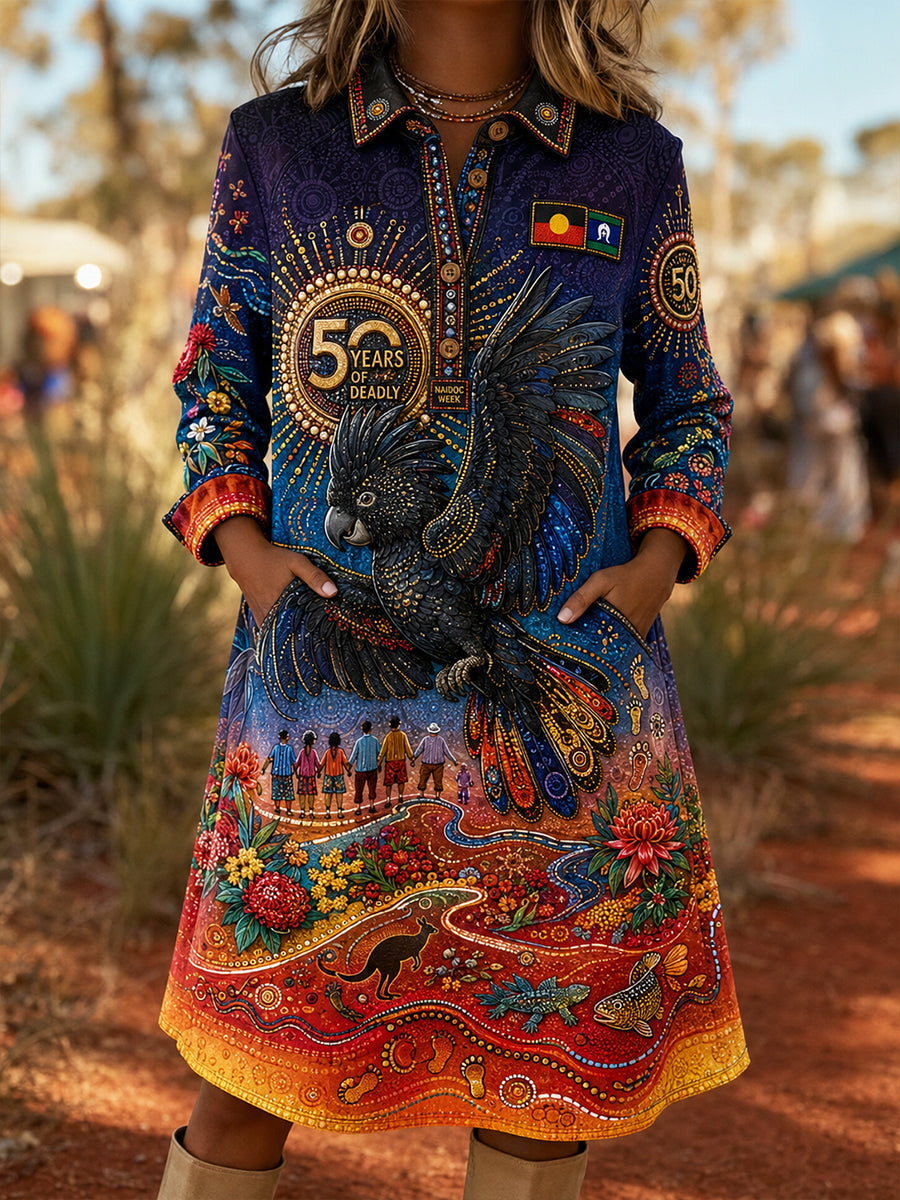 Women's Australia Naidoc Week Vintage Lapel Pocket Dress