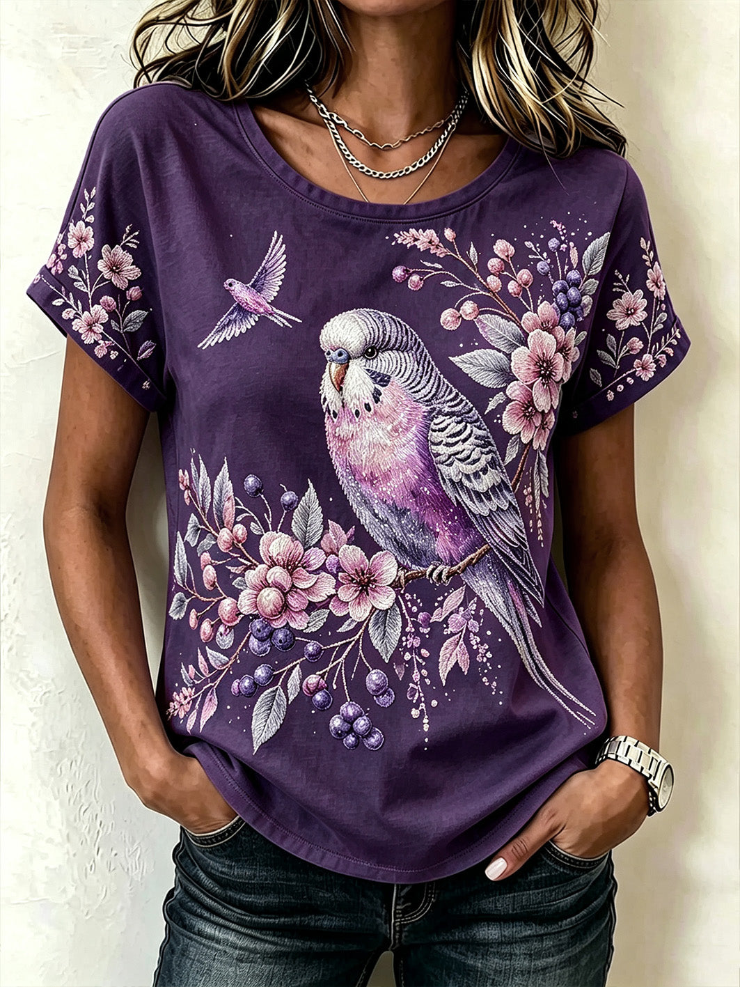 Women's purple flowers pattern printed causal short-sleeved T-shirt