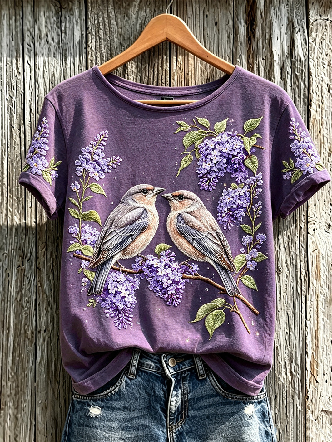 Women's purple flowers pattern printed causal short-sleeved T-shirt