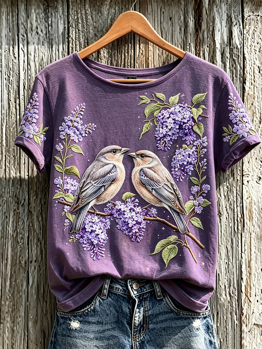 Women's purple flowers pattern printed causal short-sleeved T-shirt