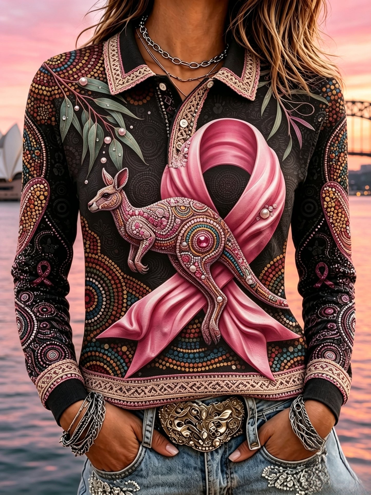 Women's Breast Cancer Awareness Australia Long-Sleeve Polo Shirt