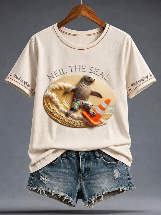 Women's Funny Neil The Seal Printed T-shirt