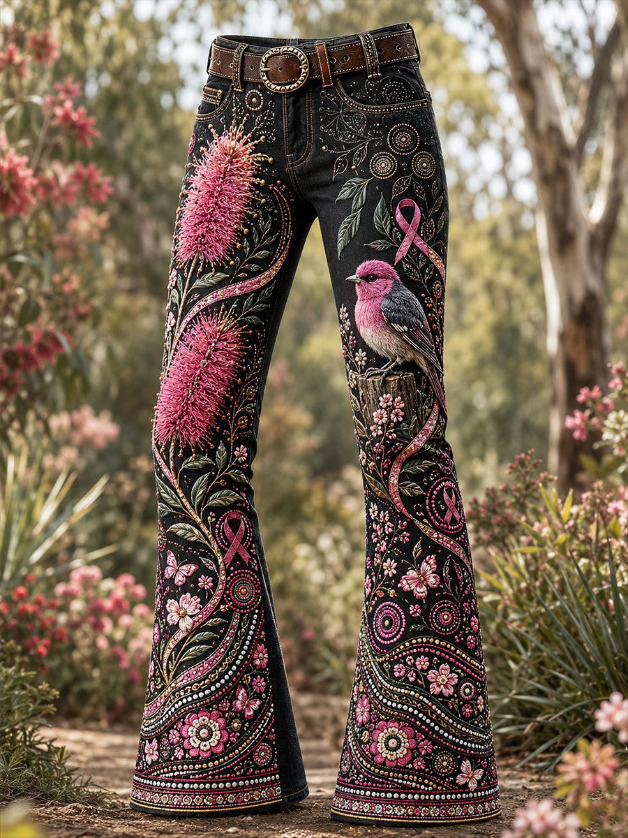 Women's Australia Breast Cancer Awareness Art Print Flared Trousers
