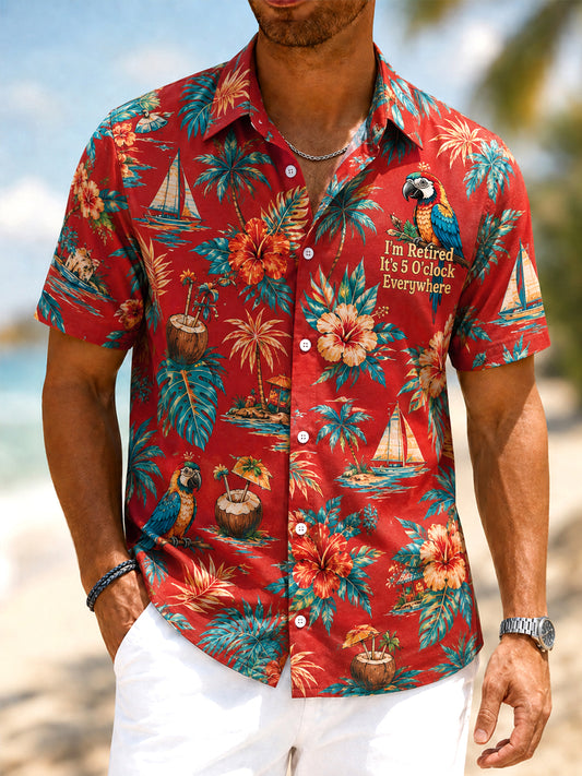 Men's I'm Retired It's 5 O'clock Everywhere Parrot Floral Print Casual Short Sleeve Shirt
