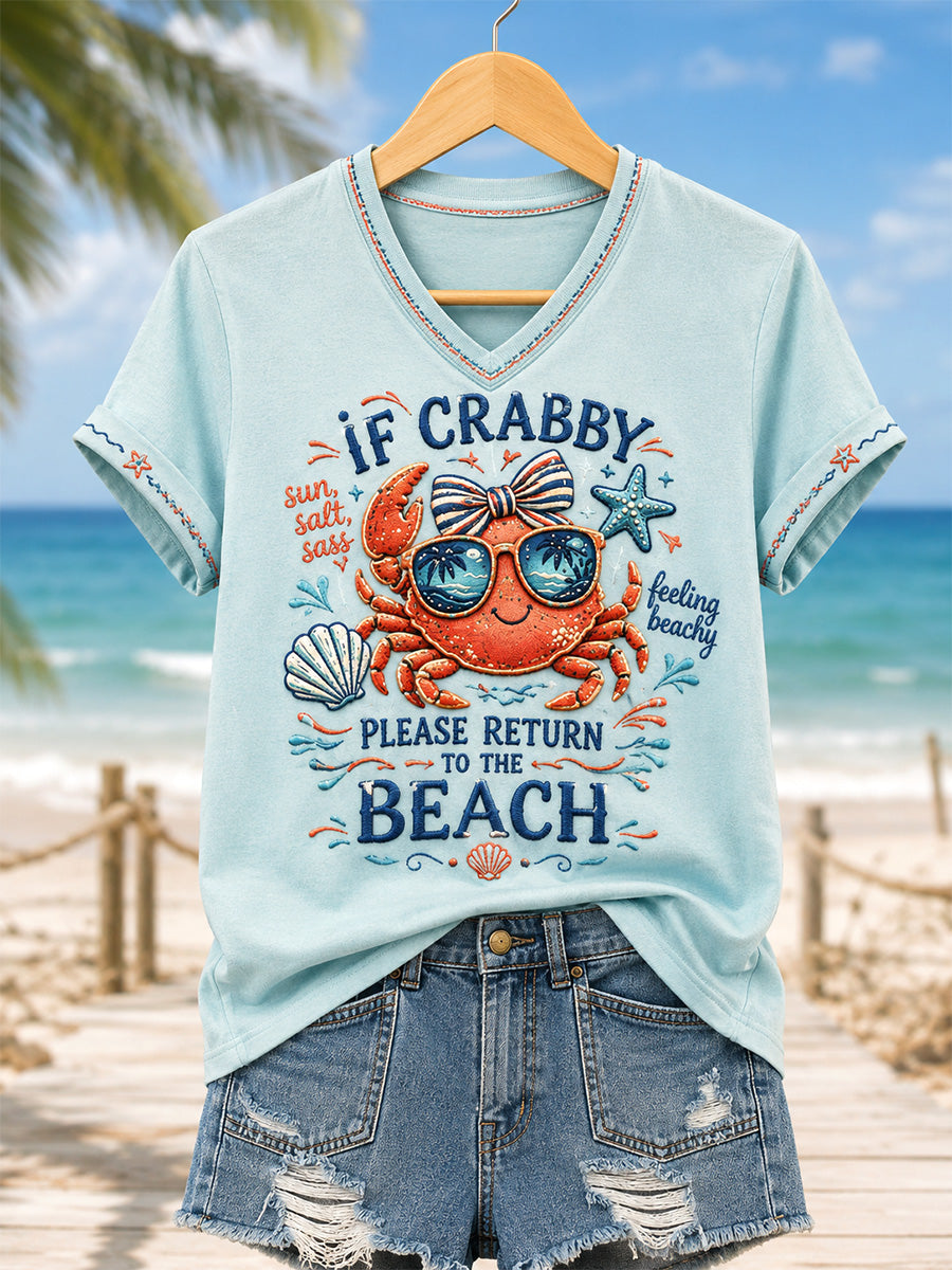 Women's If Crabby Please Return To The Beach Print Casual V-Neck Tee