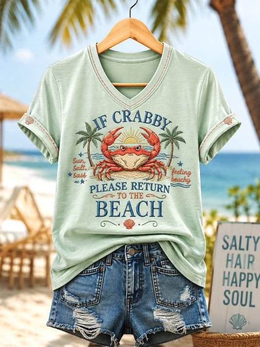 Women's If Crabby Please Return To The Beach Print Casual V-Neck Tee