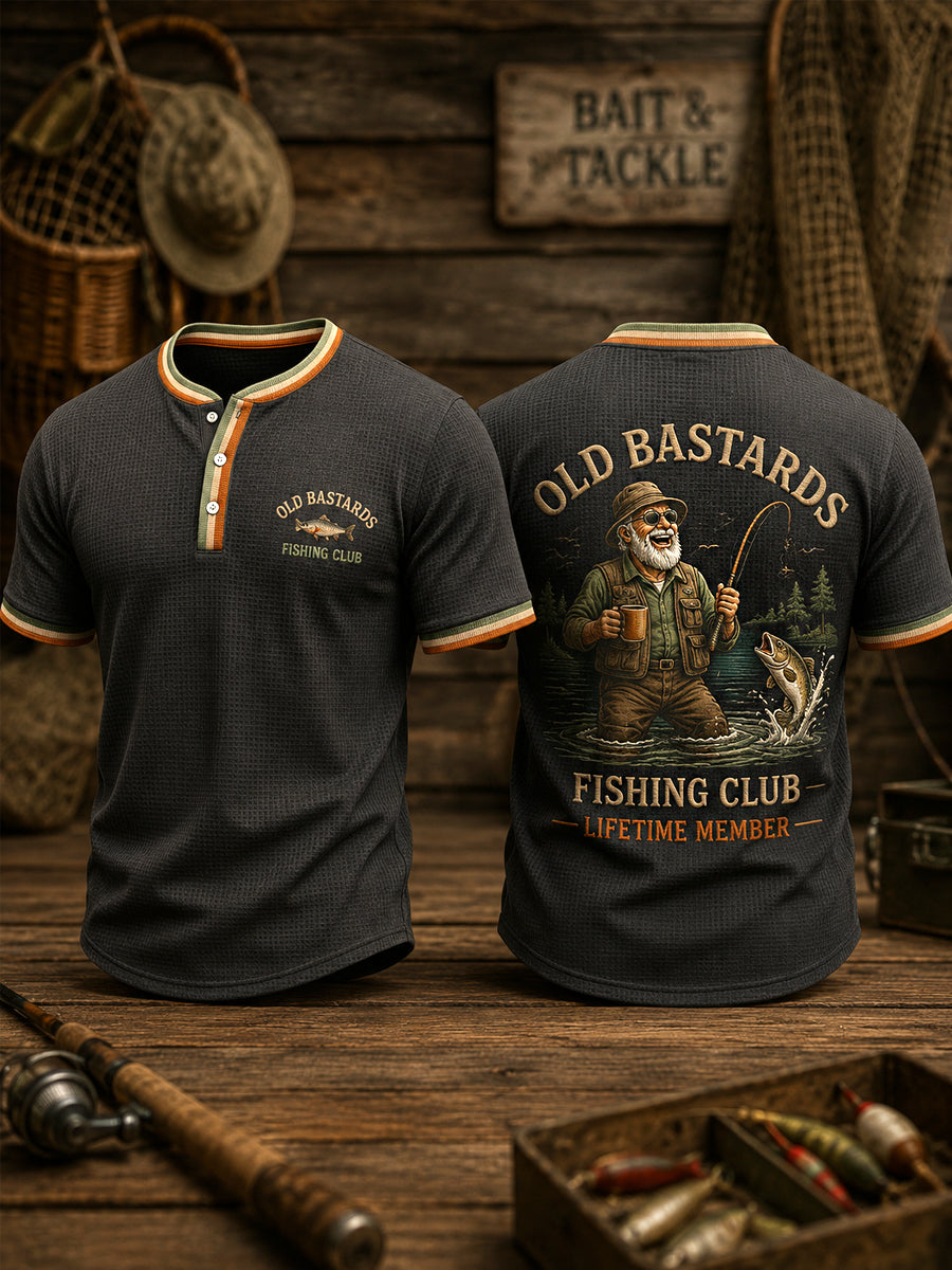 Men's Funny Old Bastards Fishing Club Lifetime Member Print Casual Waffle Tee