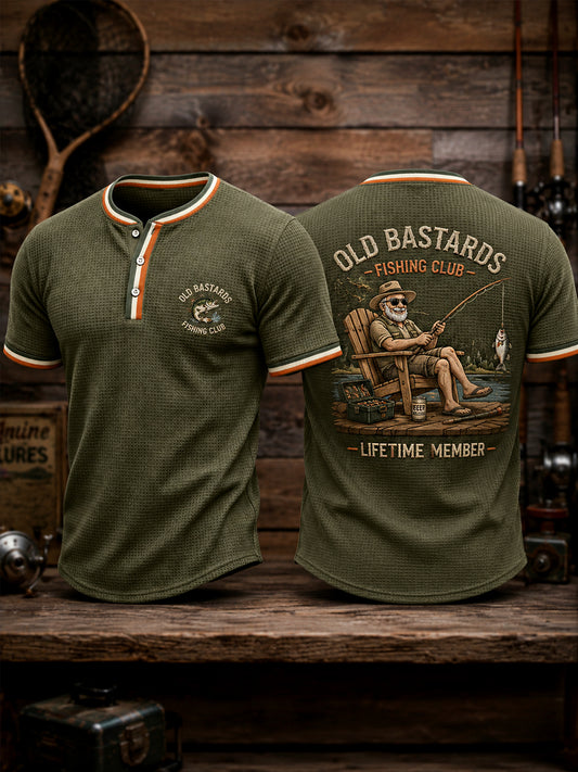 Men's Funny Old Bastards Fishing Club Lifetime Member Print Casual Waffle Tee