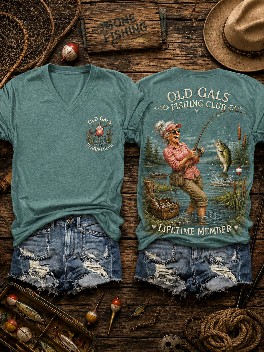 Women's Funny Old Gals Fishing Club Lifetime Member Print Casual V-Neck Tee