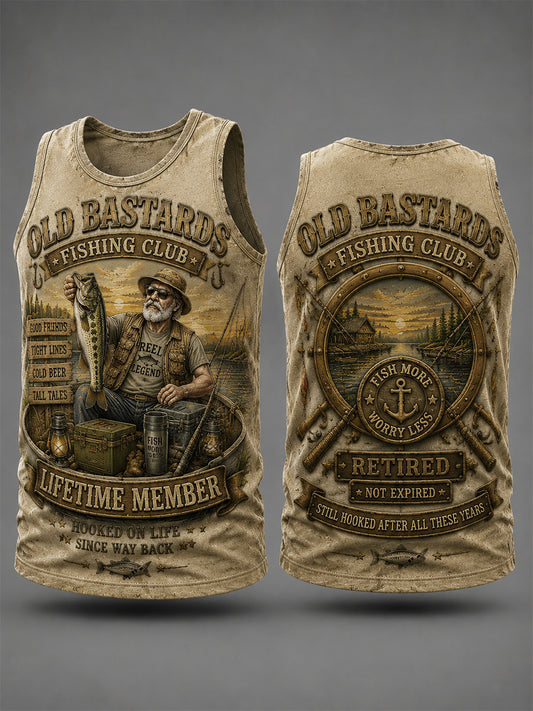 Men's Funny Old Bastards Fishing Club Lifetime Member Print Casual Tank Top