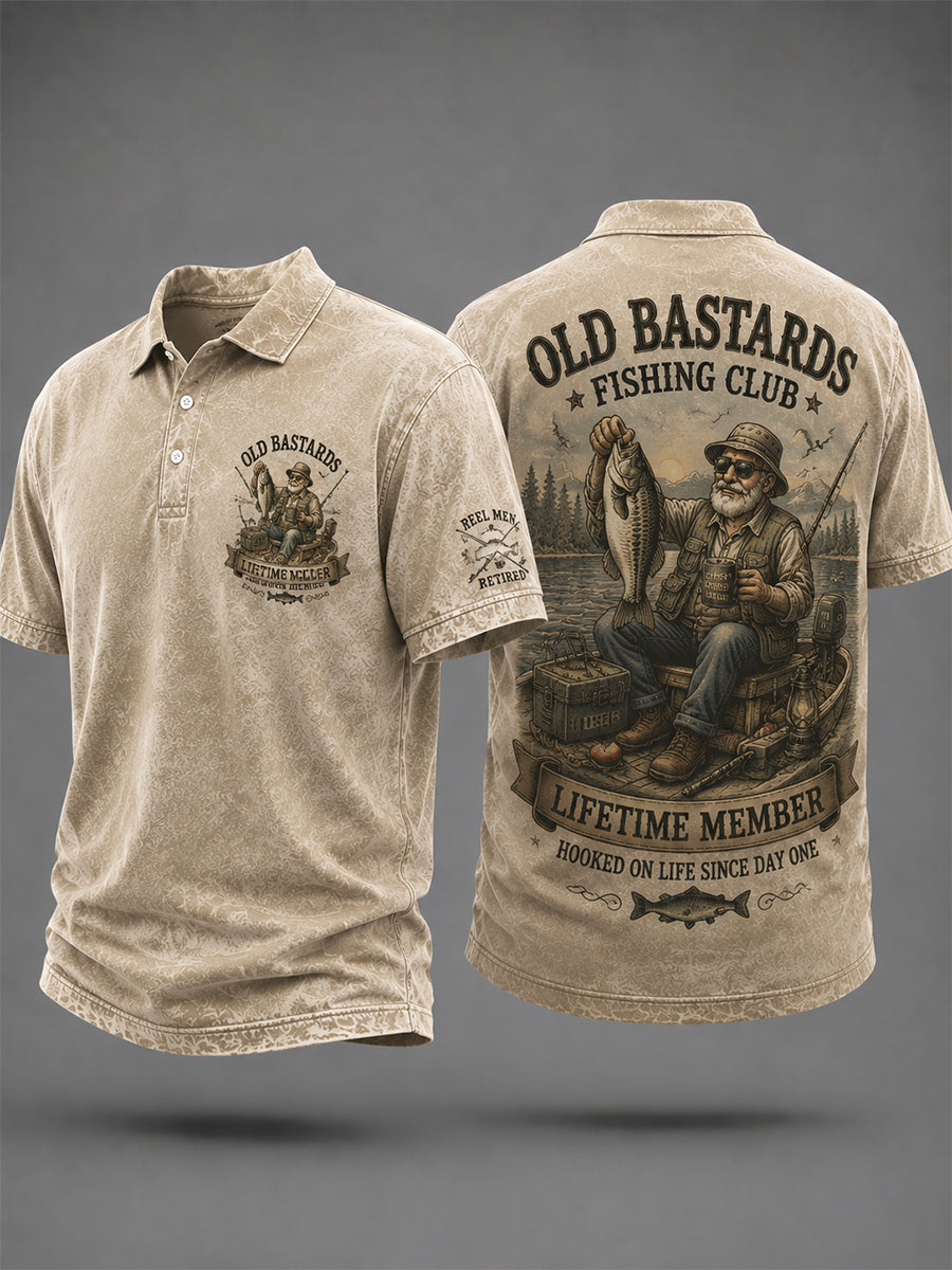 Men's Funny Old Bastards Fishing Club Lifetime Member Print Casual Polo Shirt
