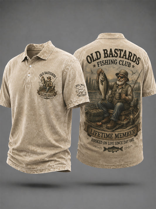 Men's Funny Old Bastards Fishing Club Lifetime Member Print Casual Polo Shirt